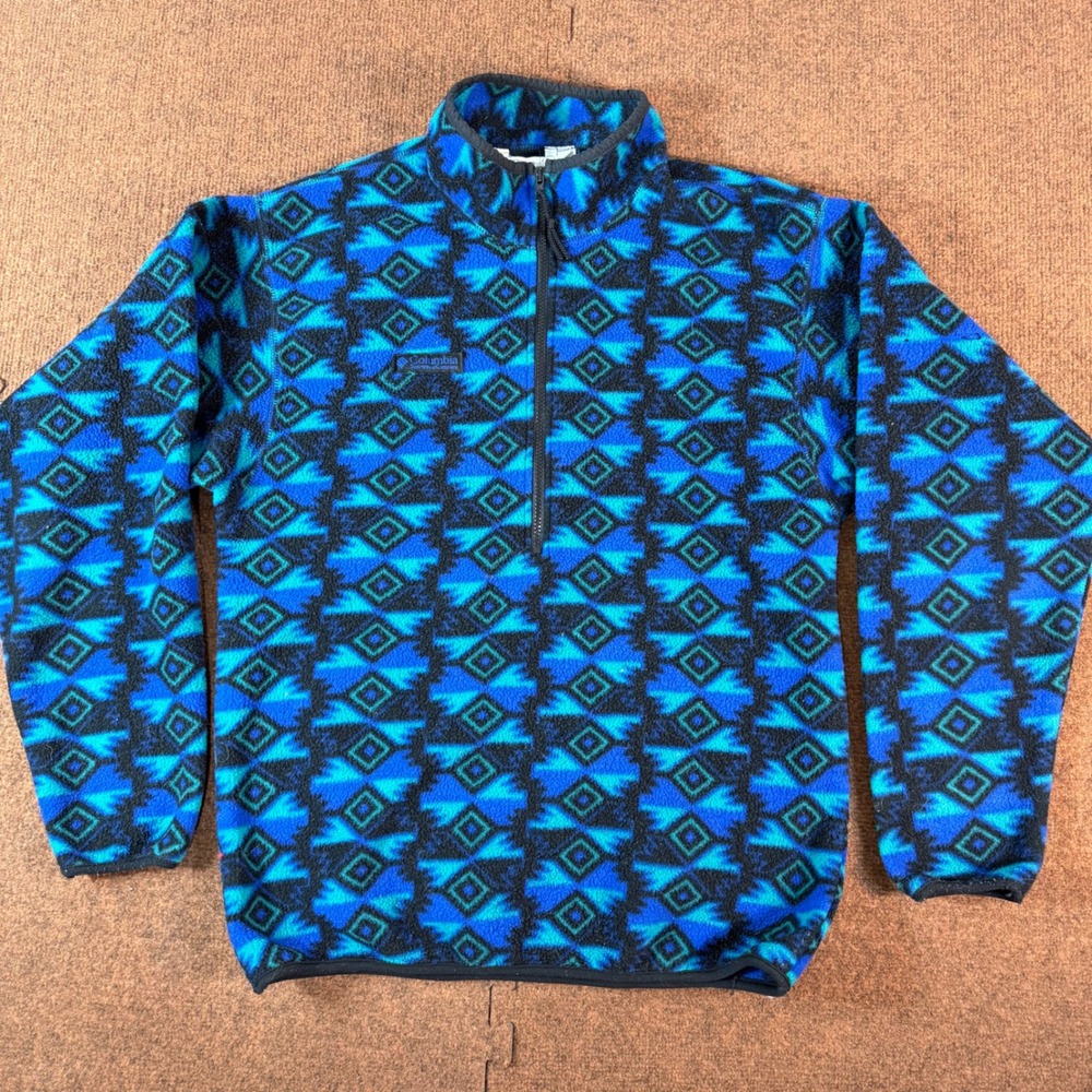 Vintage Columbia Sportswear Mens Blue Geometric Aztec Half Zip Fleece Pullover M